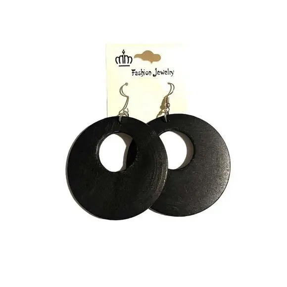 Earrings Vintage Large Black Wooden Hoop Retro NWT - Picture 2 of 5